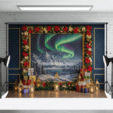 Aperturee - Aperturee Christmas Northern Lights Photography Backdrop Aurora Borealis Painting with Poinsettias Holiday Photo Background